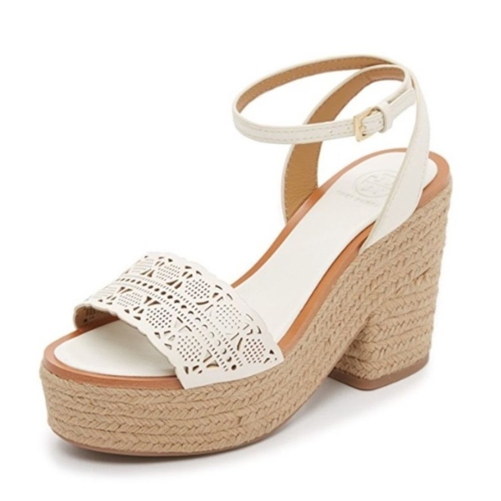 Tory Burch | Shoes | White Roselle Leather Platform Wedges Sandals